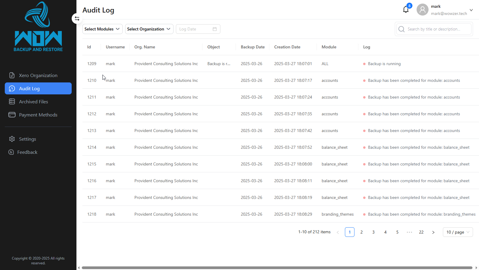 Complete backup history